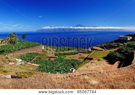 Agulo and El Teide Volcano, La Gomera, Spain, Europe