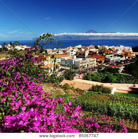 Agulo and El Teide Volcano, La Gomera, Spain, Europe
