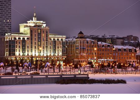 KAZAN, RUSSIA - JANUARY 3, 2015: Night view to the Millennium park in winter. The creation of park in 2005 was dedicated to the 1000th anniversary of Kazan city