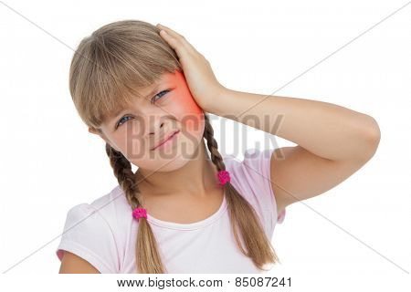 Little girl suffering from earache on white background