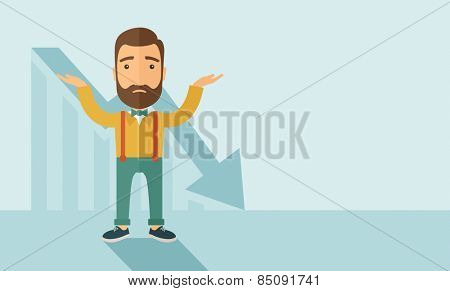 The man with a beard with falling down chart is confused. Bankruptcy concept. Vector flat design illustration. Horizontal layout with a text space in a right.