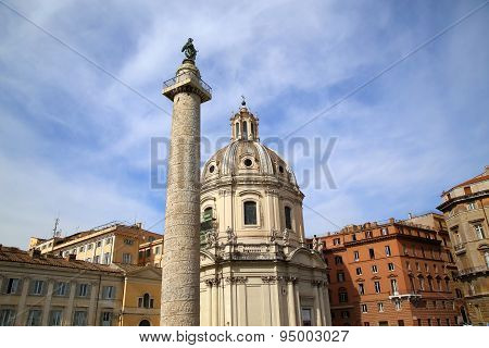 Traian Column And Santa Maria Di Loreto In Rome, Italy