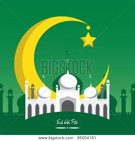 Crescent moon with white mosque for muslim community festival  Eid Al Fitr Mubarak.