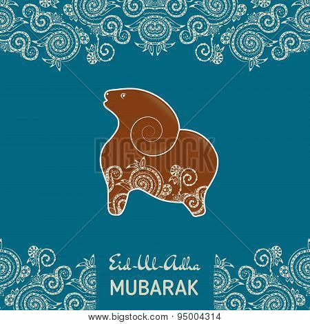 Greeting card template for Muslim Community Festival Eid-Al-Fitr Mubarak with flat sheep illustratio