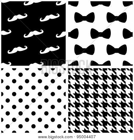 Tile vector pattern set with black and white dots, bows, houndstooth pattern and mustache background