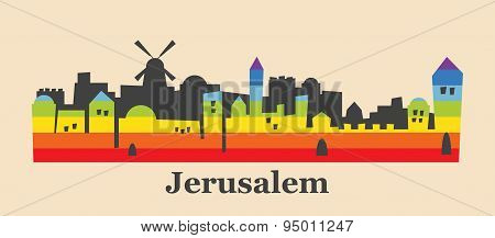 Jerusalem skyline colored with gay flag colors