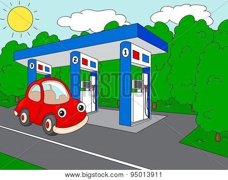 Funny Cartoon Car Near The Petrol Station