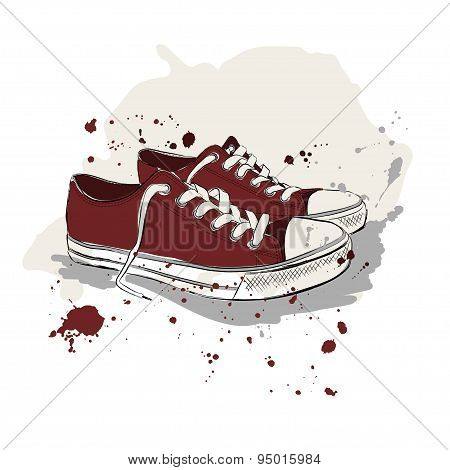 Drawing Vector Illustration With Red Sneakers