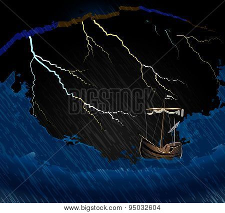 Ship in the storm on the waves in the sea and lightning