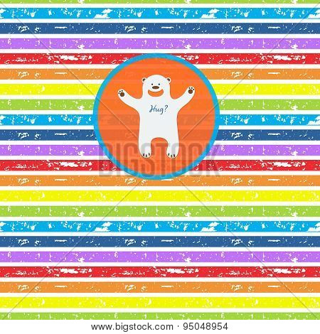 Cute bear, offering hugs, on seamless striped rainbow background