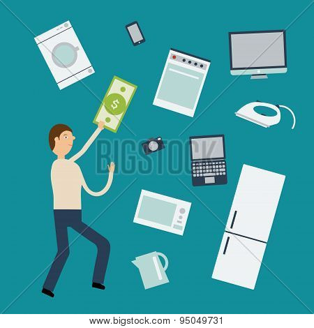 Man with the bill in hand runs to the set of home appliances