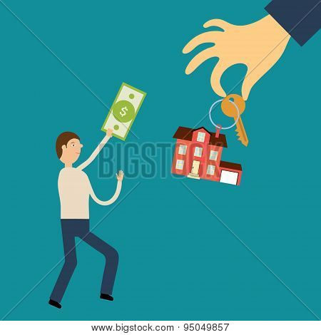 Man with the bill in hand runs to the hand holding out the key a