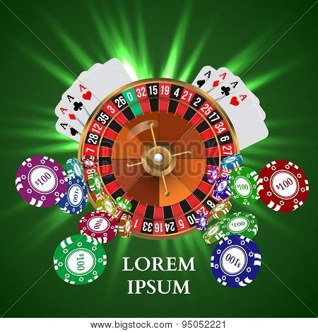 Casino Roulette Playing Cards witn Falling Chips