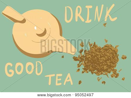 teapot with tea on green background
