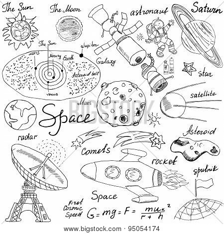 Space Doodles Icons Set. Hand Drawn Sketch With Solar System, Planets Meteors And Comats, Sun And Mo
