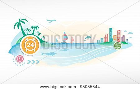 24 Hours Time Sign Icon On Travel Background.