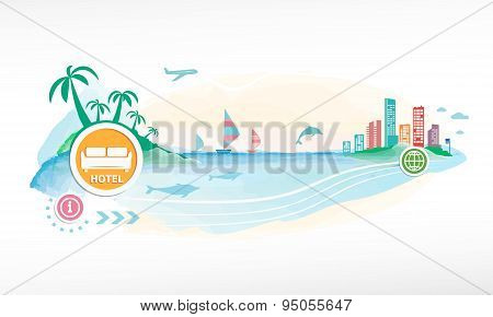 Hotel Single Icon On Travel Background.