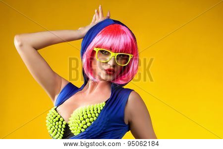Funny Girl Posing In Pink Wig.