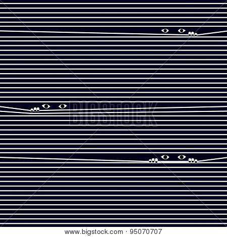 Many Eye Peer Through Curtain Of Window With Dark Blue Background.