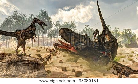 Tarbosaurus attacked by velociraptor dinosaurs - 3D render