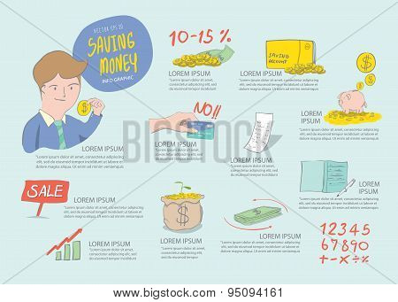 Saving Money Info Graphics. Drawing Paint Flat Vector.