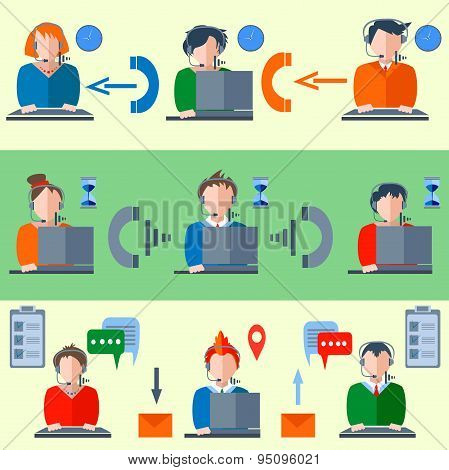 Call center clock, envelopes, headphones, people