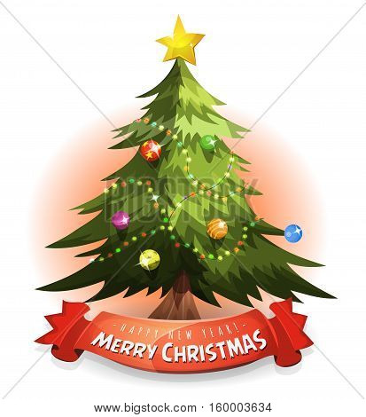 Illustration of a cartoon merry christmas tree with wishes and happy new year message on red banner