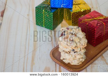 Nut cookies on wooden tray.Chocolate cookies on wooden table.cashew nut on wooden table.