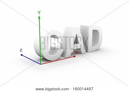 CAD in the form of text on a white background with the axis of the coordinate 3d illustration