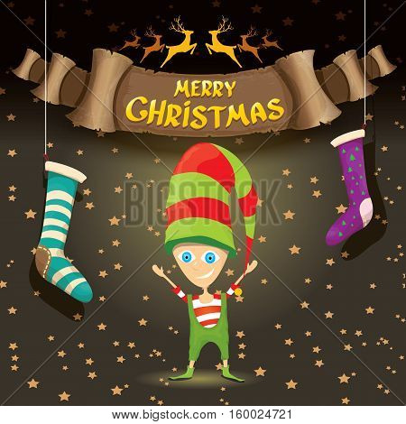 vector merry christmas greeting card with cartoon cute christmas little elf, elfin socks, christmas lights stars and golden greeting calligraphic text on old vintage paper banner ribbon.