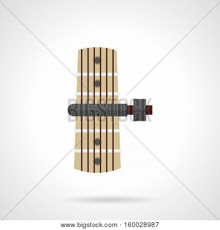 Image of capo on guitar fretboard. Accessories for musical instruments. Clip guitars for change in tone, chords. Flat color style vector icon.