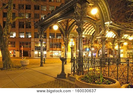 Pioneer Square In Seattle At Early Spring Night. Empty Street.