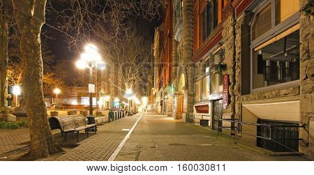 Pioneer Square In Seattle At Early Spring Night. Empty Street.