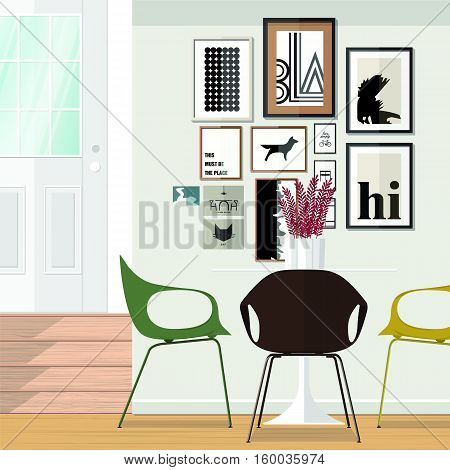 Kitchen with furniture set. Cozy room interior with table stove cupboard and dishes. Flat style vector illustration.