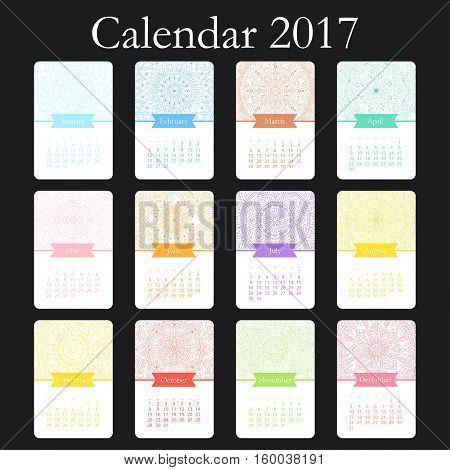 Vector calendar 2017 with decoraive elements. Vector mandala design. Template can be used for web and print design.