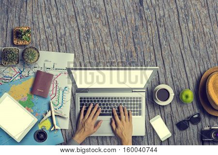 Concept Of Hipster Travel Traveler Travelling And Shopping. Hat, Sun Glass, Smartphone, Tablet, Comp