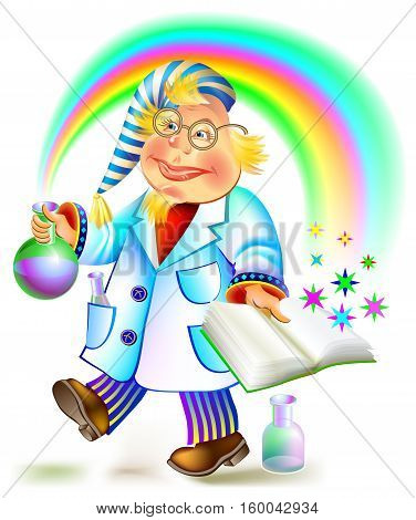 Illustration of  alchemist holding bulb and book, vector cartoon image.