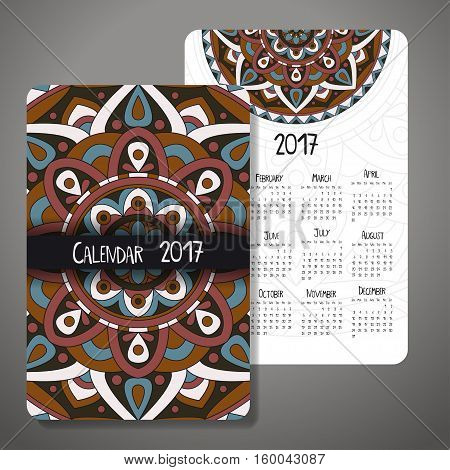 Vector calendar 2017 with decoraive elements. Vector mandala design. Template can be used for web and print design.