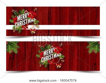 Merry Christmas web banners emplate. Design for your holiday invitation with pine branches, christmas flowers, jingle bells and mistletoe or holly berry on wooden background. Vector Illustration.