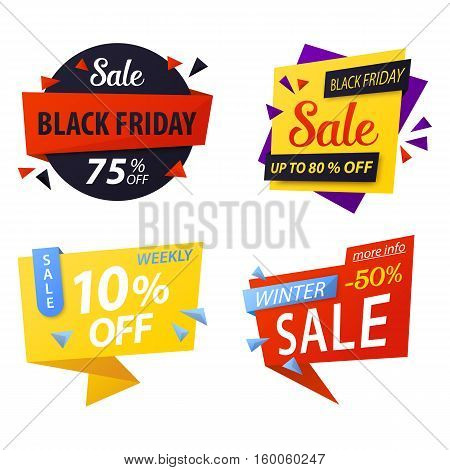 Black friday price discount tags for sale. Special offer price tag icons or promo coupon, sticker for best offer. For shop or store price tag, black friday advertising, weekly market vector label