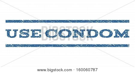 Use Condom watermark stamp. Text tag between horizontal parallel lines with grunge design style. Rubber seal cobalt blue stamp with dust texture. Vector ink imprint on a white background.