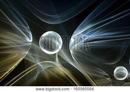 Fractal lines form a ball that resembles a planet surrounded by a luminous cosmic objects.