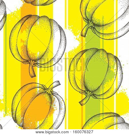 Vector seamless pattern with dotted pumpkin or gourd in black on the colorful striped background. Fruits elements in dotwork style. Background with dotted pumpkin and stripes for autumn design.