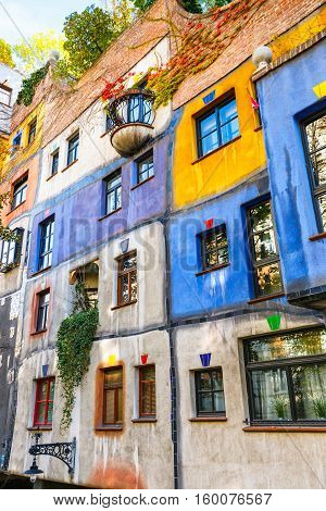 Vienna, Austria - October 14, 2016: Facade Of Huntdertwarsser House In Vienna. The Hundertwasser Hou
