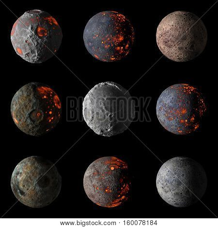 Set Of Alien Hot Planets On Black Background 3D Rendering.