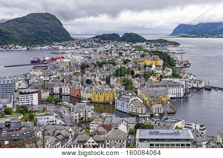 Aerial view of Alesund town, Norway. Alesund is part of the traditional district of Sunnmore and is a sea port, noted for its unique concentration of Art Nouveau architecture