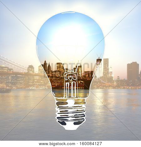Creative light bulb sketch on bright city background. Idea concept. Double exposure