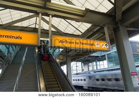 NEWARK USA - APRIL 26 2016: Escalator to the terminals at newark liberty international airport station. Newark is the sixth busiest airport in the United States