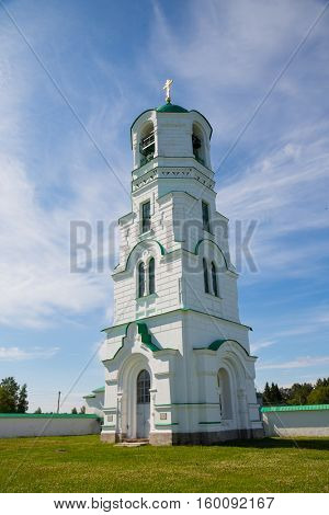 Bell tower of the Transfiguration complex Holy Trinity Alexander Svirsky Monastery in Karelia, north of Russia.