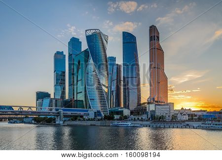 View on the building Moscow City at sunset background